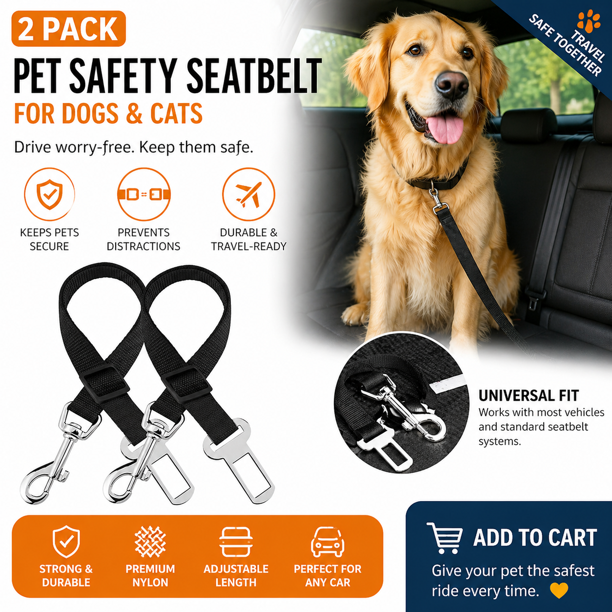 2 Pack Pet Safety Seatbelt for Dogs & Cats